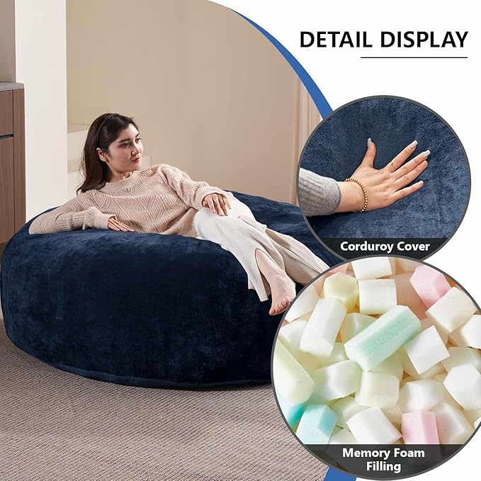 4FT Large Bean Bag Chairs,Big Adult Size Memory Foam Beanbags with Filler Included,Machine Washable Corduroy Cover,Ultra Soft Plush Gaming Bing Bag Puff Chair for Dorm, Living Room & Bedroom (Blue)-CasaMuseHome