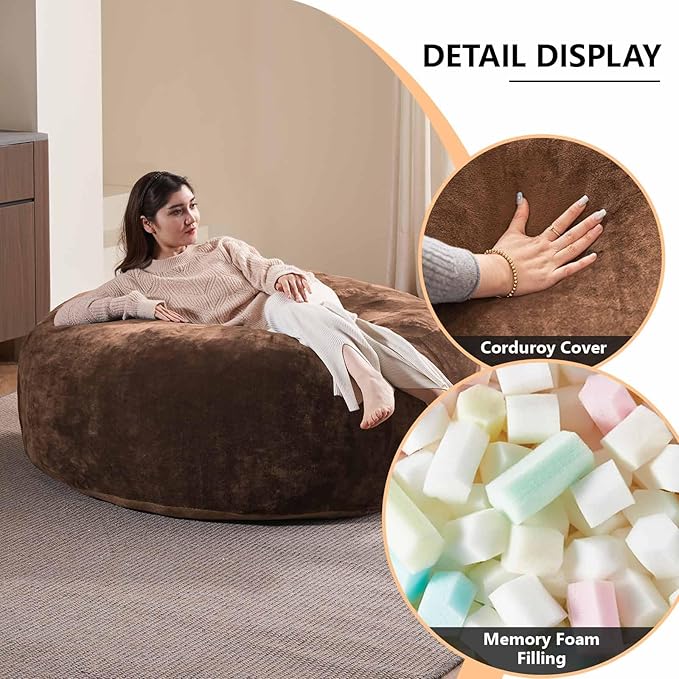 4FT Large Bean Bag Chairs,Big Adult Size Memory Foam Beanbags with Filler Included,Machine Washable Corduroy Cover,Soft Plush Gaming Bing Bag Puff Chair for Dorm, Living Room & Bedroom (Coffee Color)-CasaMuseHome