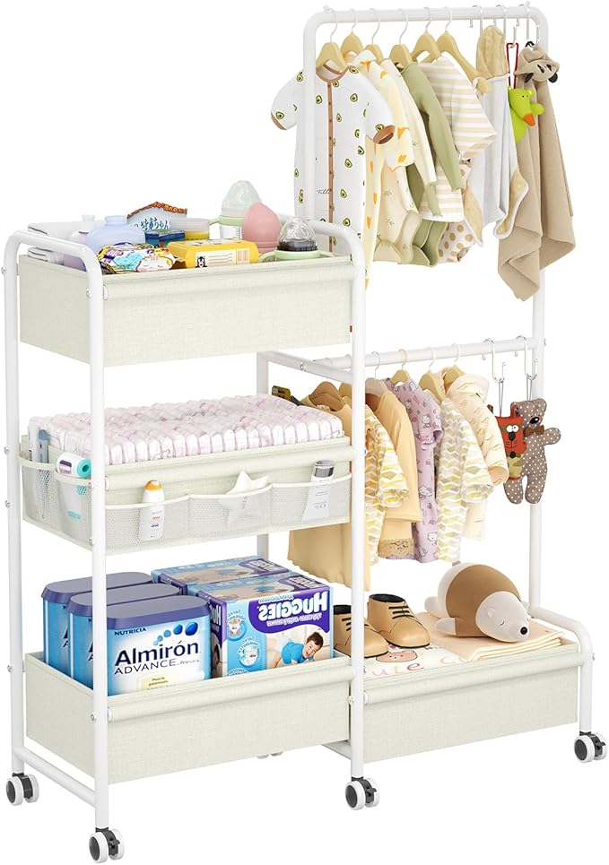 2in1 Baby Diaper Caddy & Clothes Organizer and Storage Rolling Cart, Large Capacity Nursery Organization For Baby Dresser,Changing Table, Crib, With 2 Dividers & 7 Pockets,White-CasaMuseHome