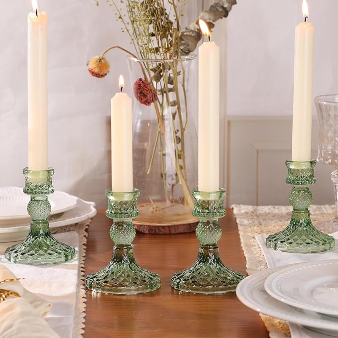 12Pcs Green Candlestick Holders Set- 4" H Taper Candle Holders Bulk, Glass Candle Holders for Wedding, Party, Romantic Dinner Table Centerpieces, Festival Gifts & Windowsill Decor-CasaMuseHome