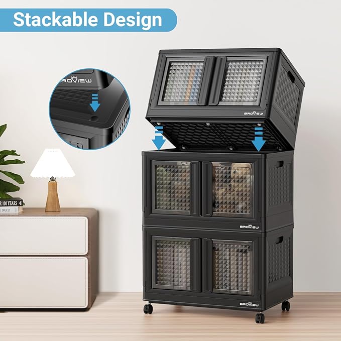300Qt Stackable Storage Bins with Lids, 75Gal Closet Organizers and Storage Drawer, Plastic Collapsible Storage Bins with Doors, Heavy Duty Store Box Cabinet for Home Kitchen, 3Pack Black-CasaMuseHome
