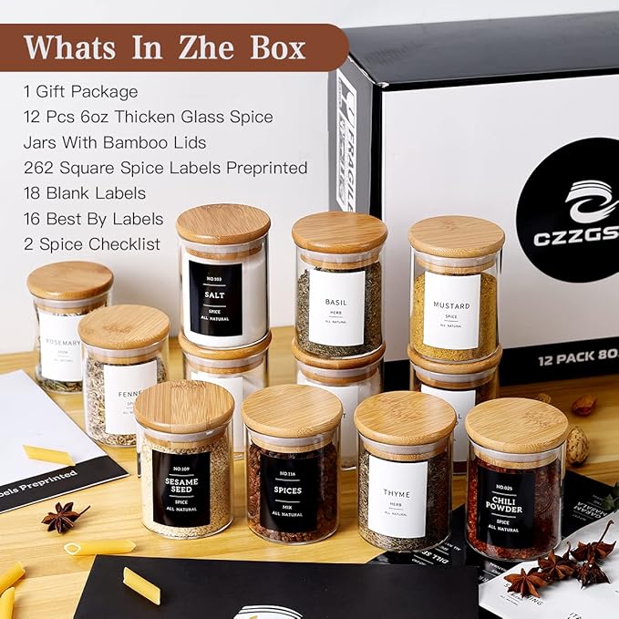 12 Pcs Glass Spice Jars With 296 Spice Labels Preprinted of White and Black Color- 6oz Thicken(2.4mm) Spice Containers With Bamboo Airtight Lids - Empty Small Herb Seasoning Jars-CasaMuseHome