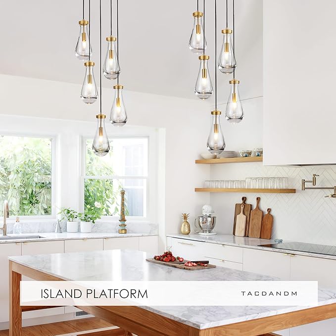 5-Light Raindrop Pendant Light Fixtures, Brass Glass Pendant Lighting, Teardrops Modern Hanging Light for Entryway Foyer Kitchen Island Dining Living Room Hallway-CasaMuseHome