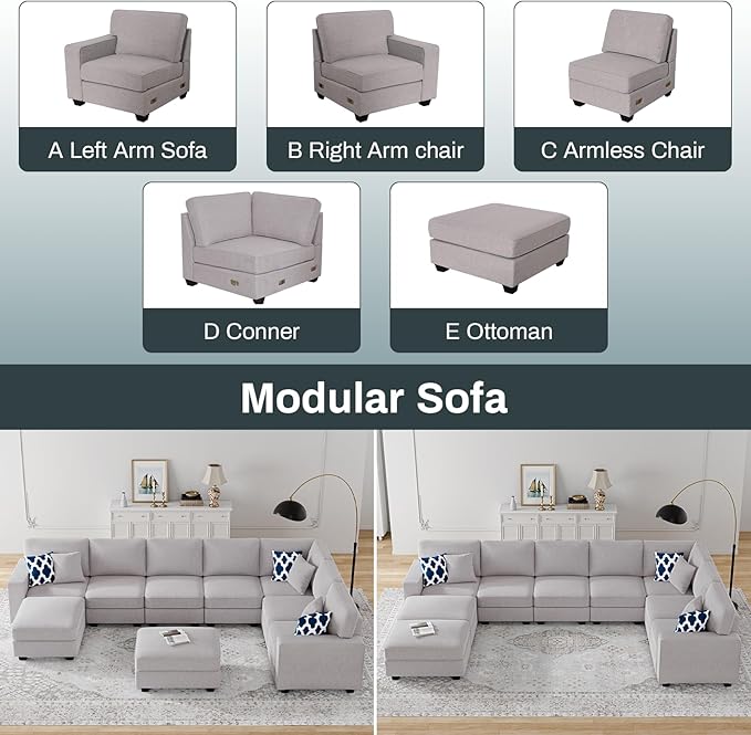 L Lengend Vansen Modular Sectional Sofa U Shaped Couch with Ottoman Modern Reversible Corner Sectional Couch for Living Room (Light Grey, U Shaped Sofa-5)-CasaMuseHome