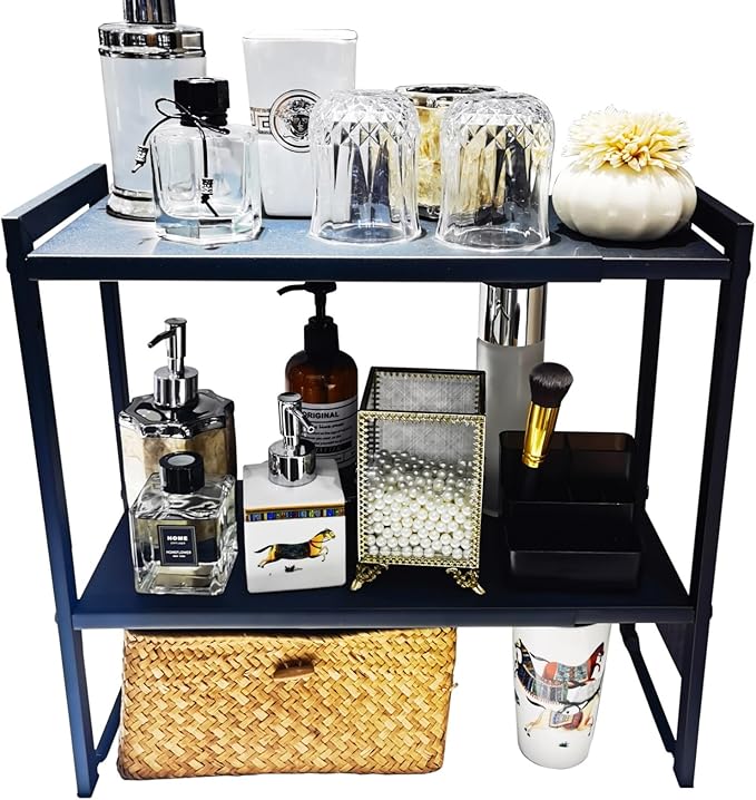 2 Tier Expandable Cabinet Shelf Organizer 14.5-25" L Kitchen Counter Shelf Rack Stand Sink Riser Countertop Storage Black (Normal 7.9”D)-CasaMuseHome