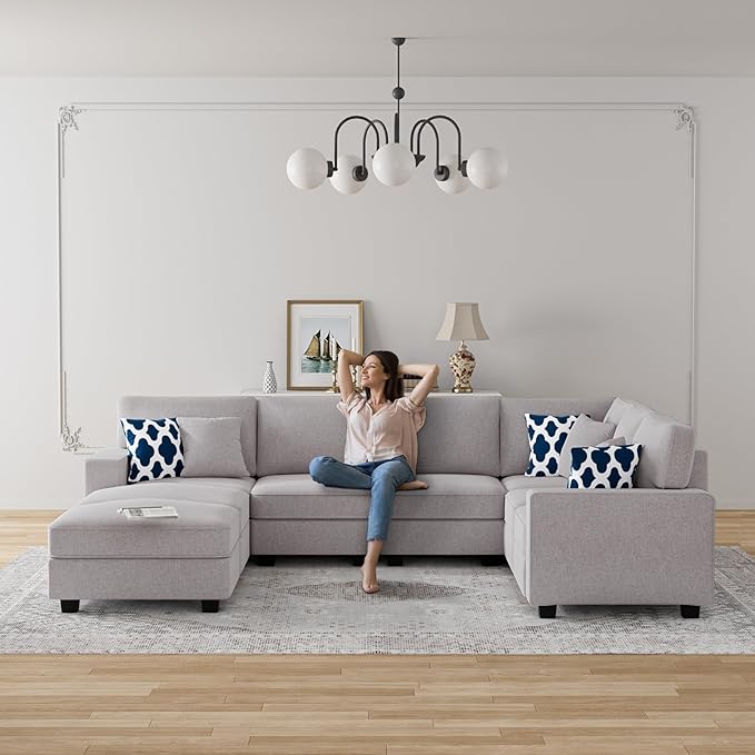 L Lengend Vansen Modular Sectional Sofa U Shaped Couch with Ottoman Modern Reversible Corner Sectional Couch for Living Room (Light Grey, U Shaped Sofa-3)-CasaMuseHome