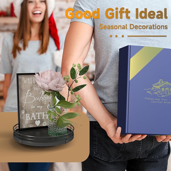 9" Oak Bathroom Vanity Tray Turntable for Perfume Candle, Round Wooden Decorative Tray for Kitchen Sink Countertop Organizer, Bathroom Counter Organizer for Skincare Makeup, Farmhouse Black Gold-CasaMuseHome