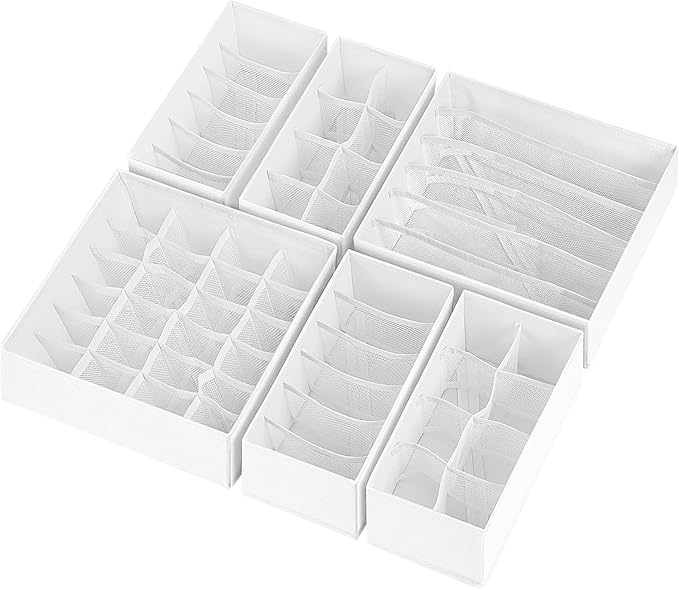 6 Pack Sock Underwear Drawer Organizer Dividers, 58 Cell Foldable Fabric Dresser Closet Organizers and Storage Bins for Clothing, Baby Clothes, Bra, Panty, Scarf, Ties (White)-CasaMuseHome