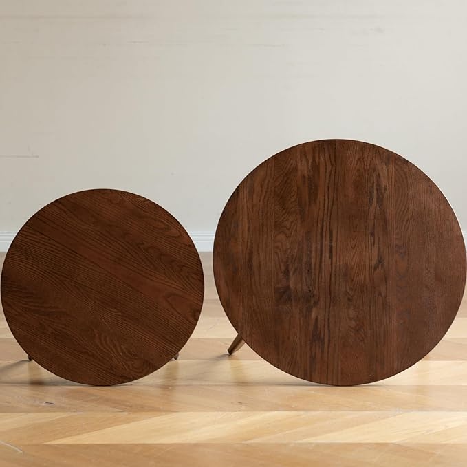 100% Solid Oak Wood Coffee Table Set, Round Coffee Table Combo Side Table w/Solid Wood Legs, Mid Century Table Sturdy Tables for Bedroom Balcony Living Room (Walnut, Big-Medium Combo)-CasaMuseHome