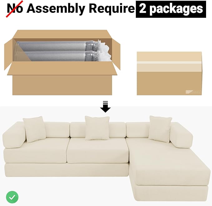 108" Oversized Convertible Sleeper Sofa Bed, Corduroy L Shape Sectional Couch, Folding Sofa Bed with Side Pocket, Modern Cloud Floor Mattress Couch, Modular Sofa for Living Room, Beige-CasaMuseHome