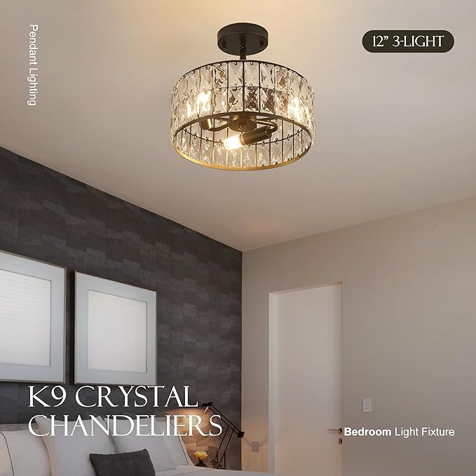 12” 3-Light Modern Crystal Chandeliers Black Dinning Room Light Fixture with Two Poles, Round Pendant Light Kitchen Island Chandelier, Flush Mount Ceiling Light for Living Room Entryway-CasaMuseHome