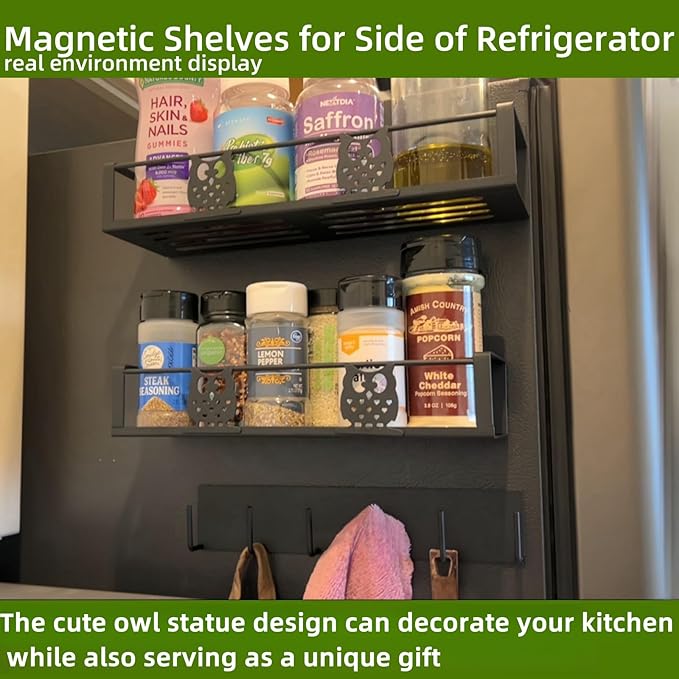 3 Pack Moveable No Drilling Heavy Magnet Spice Rack for Refrigerator Organizers and Storage,Space Saving Kitchen Organization with Magnetic Hooks,Owl Kitchen & Home Decor(Black)-CasaMuseHome