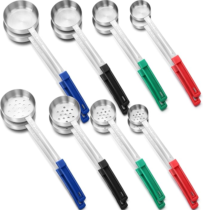16 Pcs Portion Control Serving Spoons, Restaurant Measuring Serving Ladle Utensils, Portion Control Slotted Scoops for Weight Loss, Solid and Perforated Scoops(4 Colors,4 Sizes)-CasaMuseHome