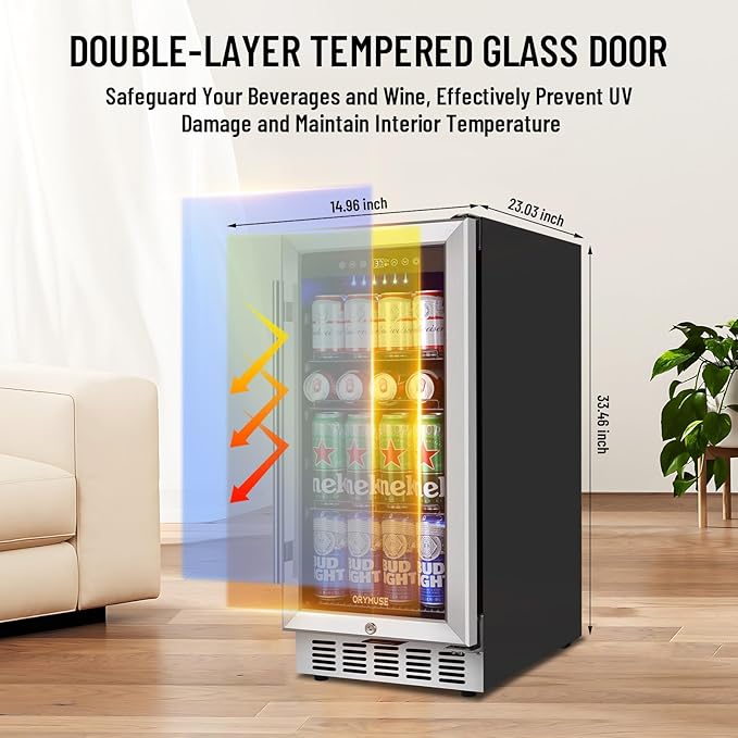 15 Inch Beverage Refrigerator, 130 Can Capacity Under Counter Fridge with Lock & Glass Door, Quiet Built-in or Freestanding Beer Cooler, Powerful Compressor for Fast Cooling-CasaMuseHome