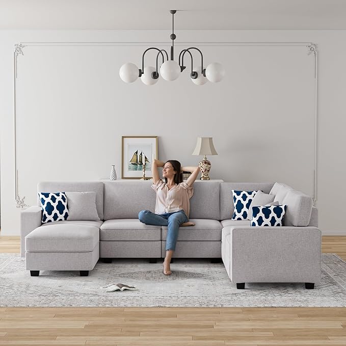 L Lengend Vansen Modular Sectional Sofa U Shaped Couch with Ottoman Modern Reversible Corner Sectional Couch for Living Room (Light Grey, U Shaped Sofa-2)-CasaMuseHome