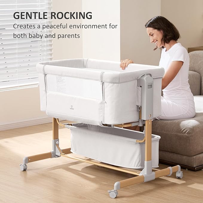 3 in 1 Baby Bassinet, Rocking Bassinet, Bedside Bassinet, 6-Height Adjustable, Bassinet Bedside Sleeper, Bedside Bassient for Baby with Comfy Mattress, Breathable Mesh, Large Storage Basket-CasaMuseHome