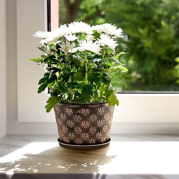 10 Inch Planter Pots for Plants, 4 Pack Plastic Large Flower Pots Indoor Outdoor, Resin Plant Pot with Drainage & Saucer, Retro Decorative Garden Pot with Removable Trays for House-CasaMuseHome