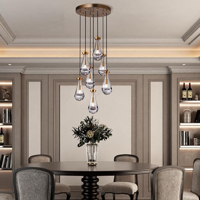 7 Light Raindrop Chandeliers, Brass Teardrop Cluster Pendant Lights Kitchen Island, Gold Dining Room Chandeliers Over Table Hanging Pendant Lighting for High Ceiling, Entryway Staircase-CasaMuseHome