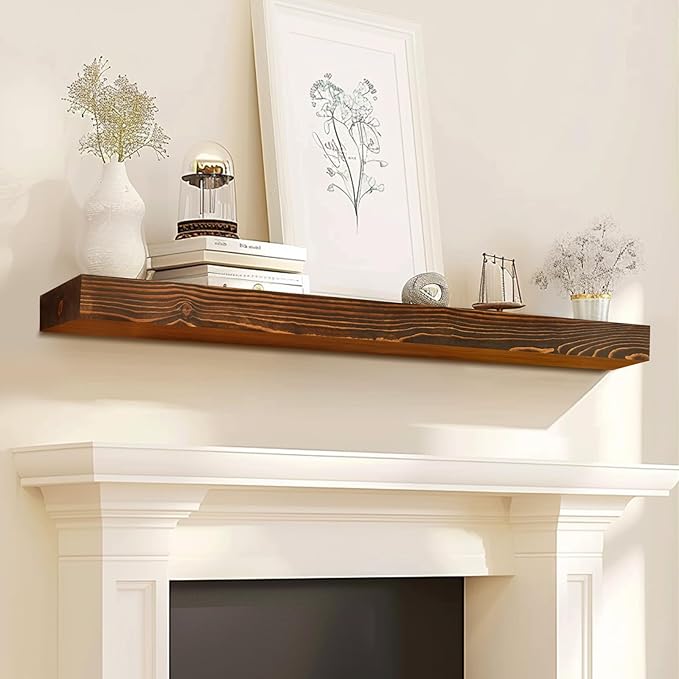 48x8x3 Fireplace Mantel - Solid Rustic Wood - Wall Mounted Floating Shelf with Invisible Heavy Duty Steel Bracket (Weathered Brown)-CasaMuseHome