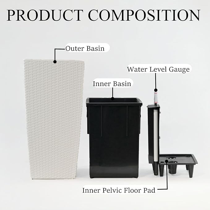 30in Tall Large Plant Pots Planter-Self-Watering Indoor/Outdoor Planting with Drain Holes, Water Level Monitor, Inner Bucket for Front Porch Patio, White Large-CasaMuseHome