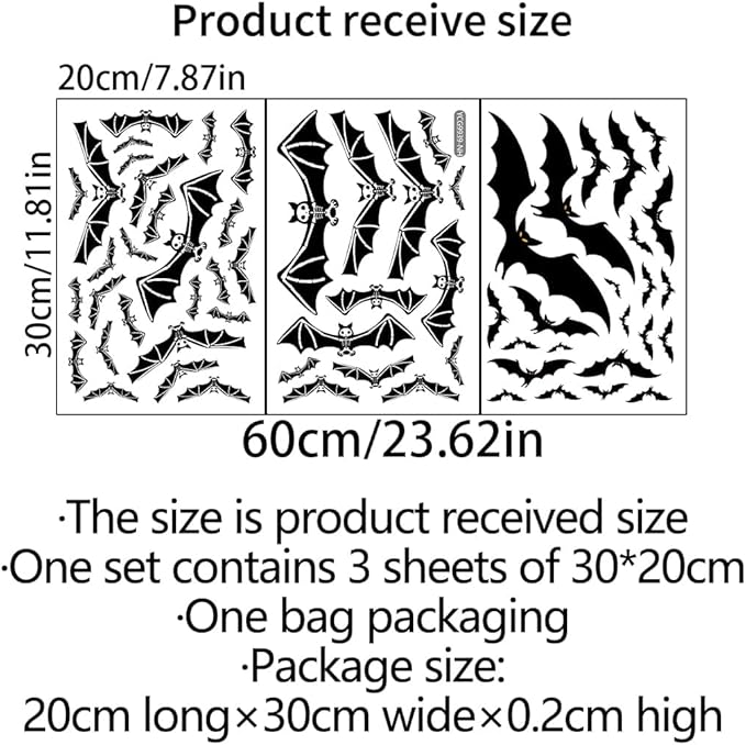 3 Sheets Glow in The Dark Halloween Skeleton Bat Decals Luminous Halloween Skeleton Bat Stickers Removable Bat Wall Decor Glowing Window Clings for Scary Halloween Theme Party Decorations-CasaMuseHome