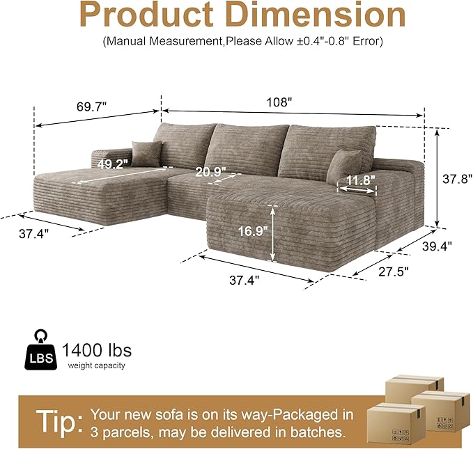 108" Sectional Couches for Living Room Modern Modular Sofa with L-Shape Couchs Upholstered Boneless Couch Deep Seat Sectional Couch with Chaise (Camel, Left Facing Chaise+2Seaters+1Ottoman)-CasaMuseHome