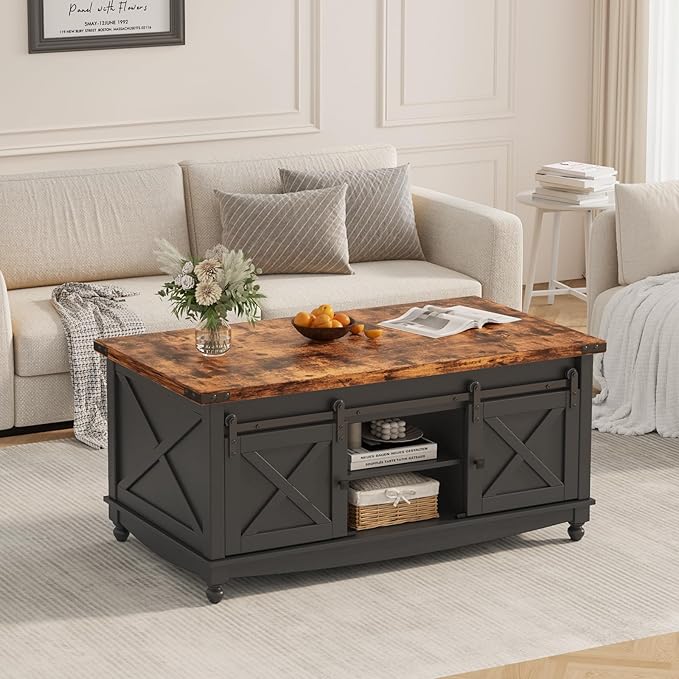 48" Farmhouse Lift Top Coffee Table with Storage Sliding Barn Door & Large Hidden Compartment, Coffee Table with Lifting Top with Wooden Lift Tabletop, Coffee Tables for Living Room, Black-CasaMuseHome