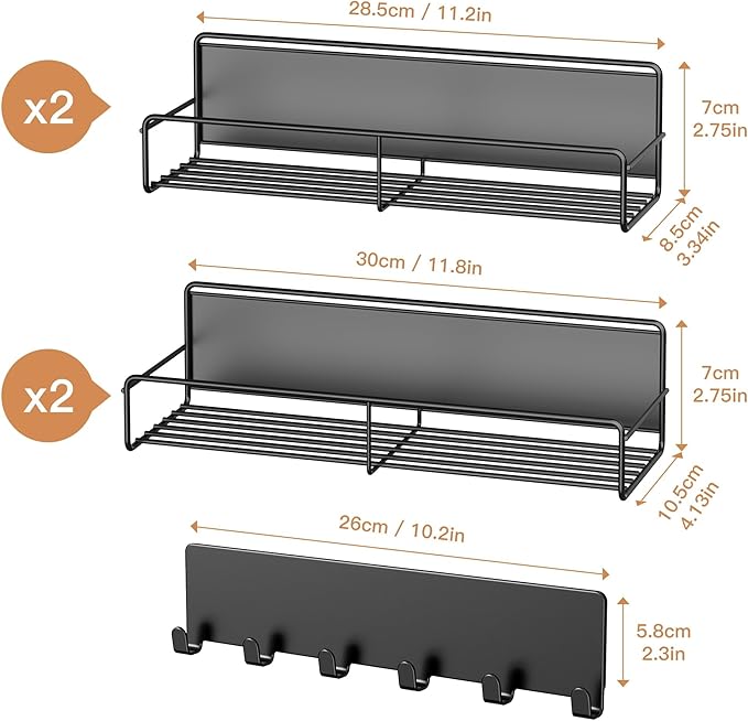 5-Pack Moveable Magnetic Spice Rack Organizer With 6 Hooks for Refrigerator, Metal Fridge Shelf, Black-CasaMuseHome