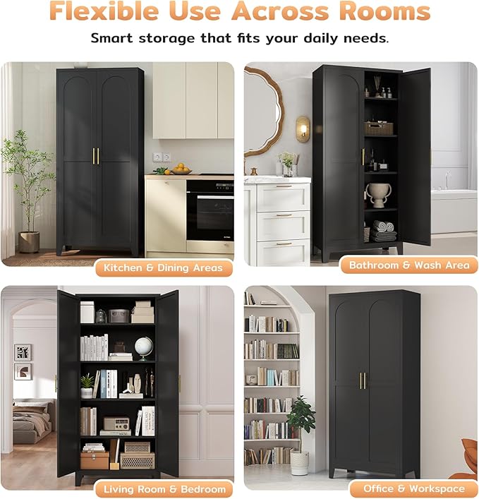 70.87" H Metal Kitchen Pantry Cabinet, Freestanding Cupboard with 2 Doors and 4 Adjustable Shelves, Tall Metal Storage Cabinet for Kitchen, Bathroom, Dinning Room or Laundry Room (Black)-CasaMuseHome