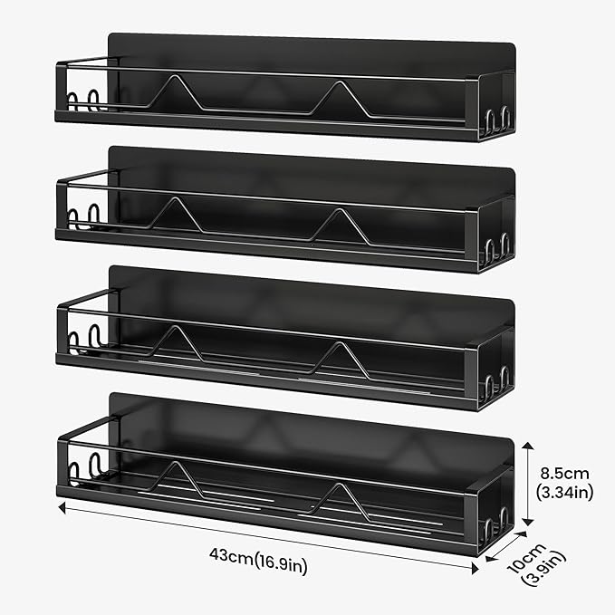 16.9 Inch Wide Large Capacity Magnetic Spice Rack for Refrigerator, 4 Pack Metal Fridge Shelf, Black-CasaMuseHome