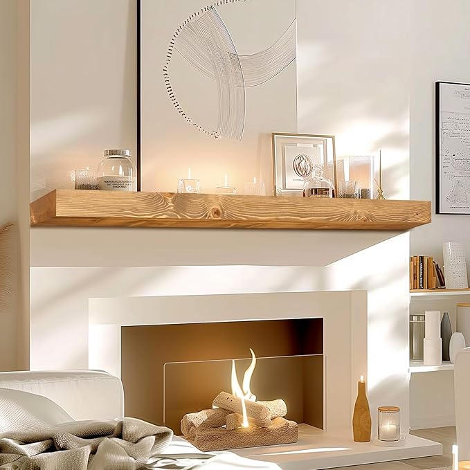 48x7x3 Fireplace Mantel - Solid Rustic Wood - Wall Mounted Floating Shelf with Invisible Heavy Duty Steel Bracket (Natural Wood)-CasaMuseHome