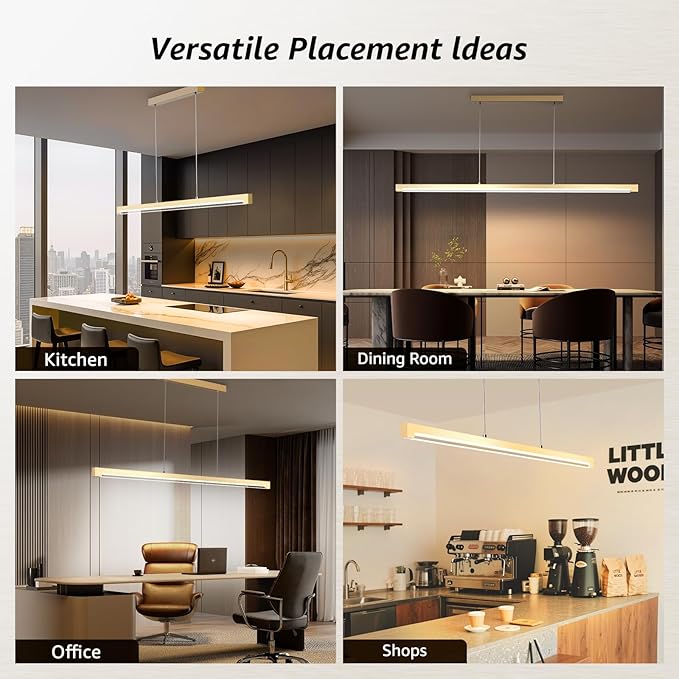 40W Gold Linear Pendant Light Aluminum, 54" Dimmable Kitchen Island Lighting with Remote & App Control, Adjustable CCT (3000K-6000K), Dining Room Chandelier for Home Office Study-CasaMuseHome