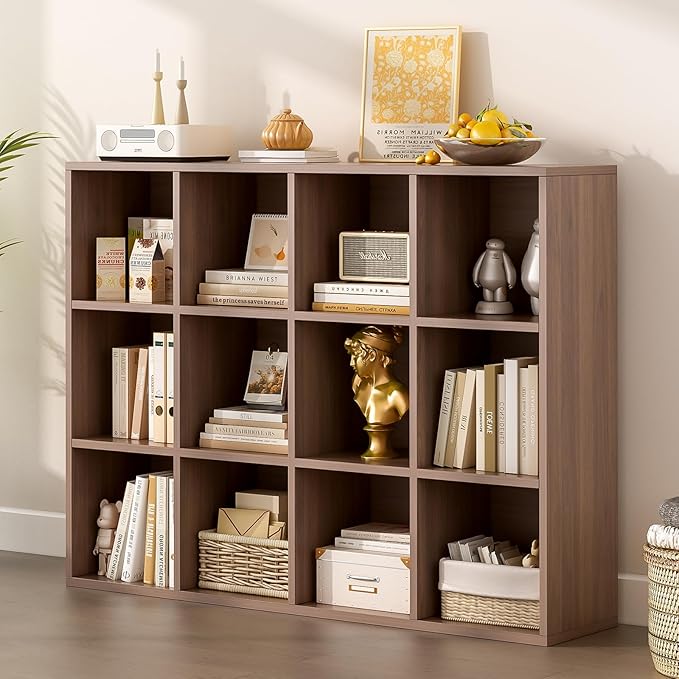 12-Cube Storage Shelf Bookcase - Wooden 3-Tier Floor Standing Open Bookshelf for Home and Office, Cuby Orgainzer, Walnut-CasaMuseHome
