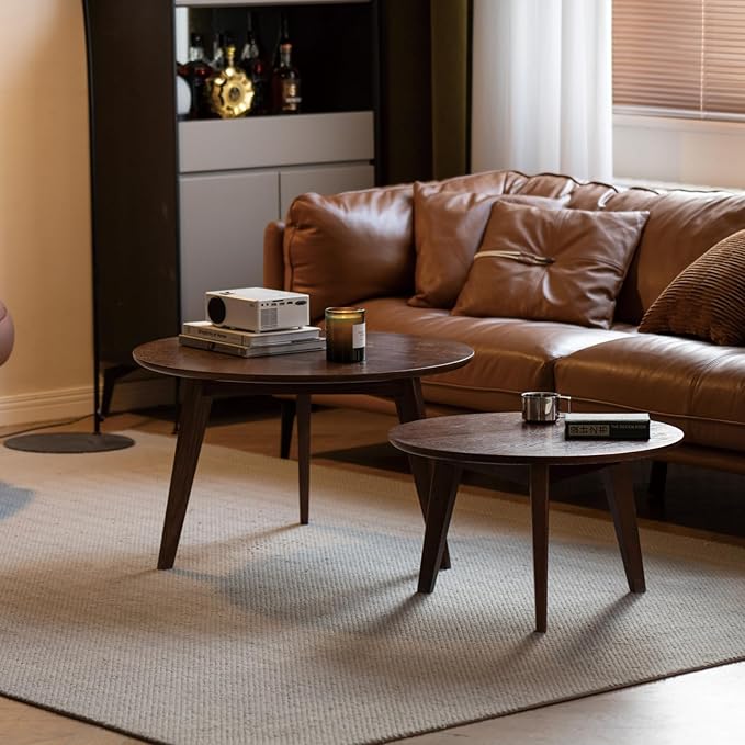 100% Solid Oak Wood Coffee Table Set, Round Coffee Table Combo Side Table w/Solid Wood Legs, Mid Century Table Sturdy Tables for Bedroom Balcony Living Room (Walnut, 3 Pieces)-CasaMuseHome