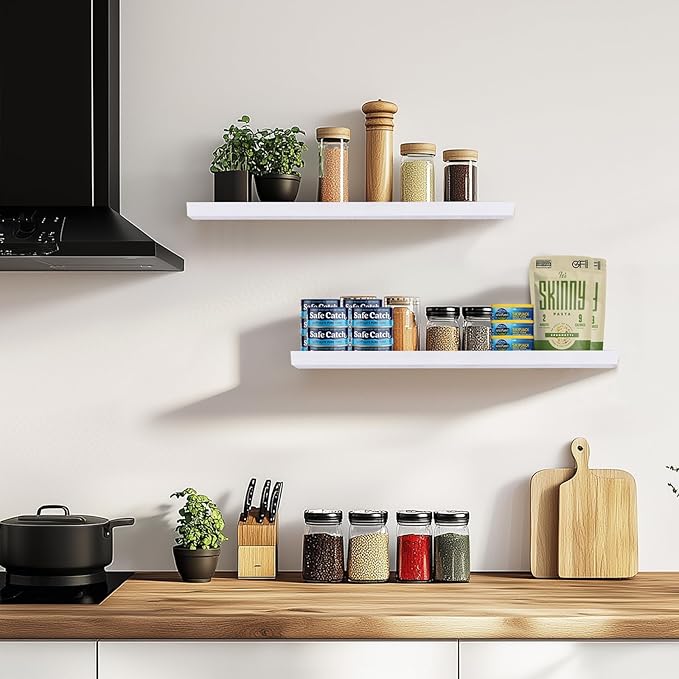 24"x6.8"x1.2" Solid Wood Floating Shelves 2-Pack - Rustic White Finish with Hidden Brackets, Perfect for Storage and Décor in Living Room, Kitchen, Bedroom-CasaMuseHome