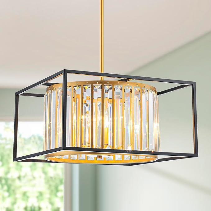 5-Lights K9 Crystal Chandelier, Modern Style Pendant Light Fixture for Dining Room, Bedroom & Living Room, Gold & Black Finish, L16.5 * W16.5 * H12~48 inch (Adjustable Height)-CasaMuseHome