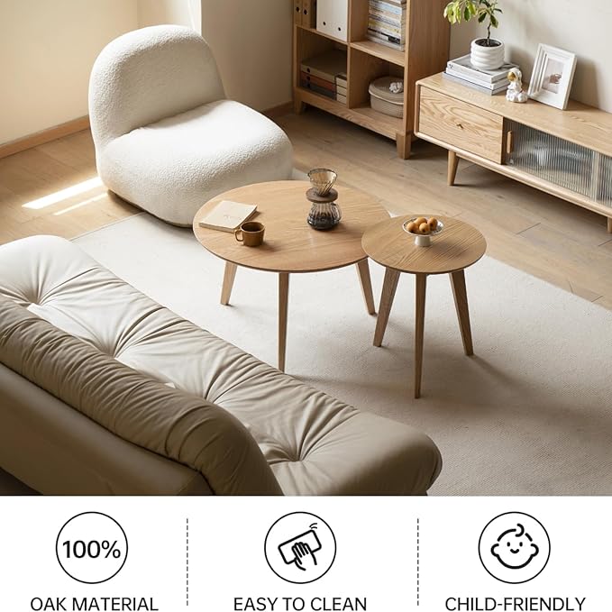 100% Solid Oak Wood Mini Coffee Table, Round Side Table w/Solid Wood Legs, Walnut Mid Century Coffee Table w/Sturdy Frame for Bedroom Balcony Living Room (29.53" D x 17.72" H)-CasaMuseHome