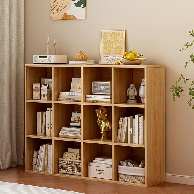 12-Cube Storage Shelf Bookcase - Wooden 3-Tier Floor Standing Open Bookshelf for Home and Office, Display Cabinet, Oak-CasaMuseHome