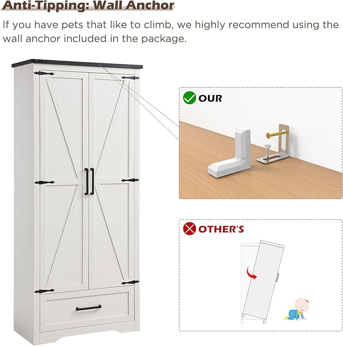 72" Tall Wood Storage Cabinet, Farmhouse Kitchen Pantry Cabinet with Adjustable Shelves & Drawer & Barn Doors, Versatile Storage for Kitchen, Dining Room, Bathroom, Antique White-CasaMuseHome