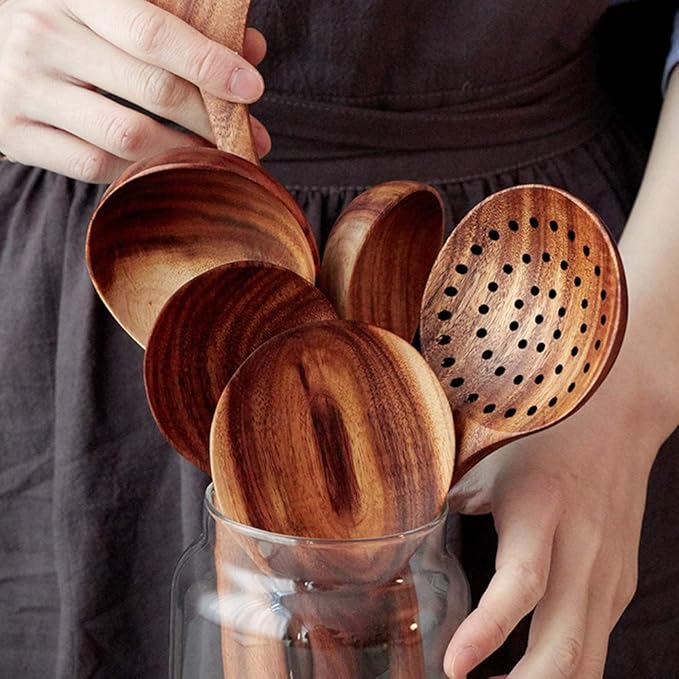 7 Pcs Acacia Wood Cooking Utensils Set Large Wooden Spoons for Cooking Spatula Salad Mixing Spoon Non Toxic Utensil for Kitchen Use Spatulas Non Stick Turner Slotted Serving Spoon Kitchen Utensils-CasaMuseHome