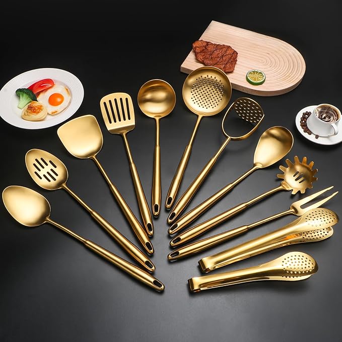 304 Stainlss Steel Matte Kitchen Utensils Set, 12 Pcs Long Metal Cooking Utensil Gadgets Tools Set with Spatula, Ladle, Spoon, Ladle, Skimmer, Tunner, Pasta Server, Tongs(Gold, Dishwasher Safe)-CasaMuseHome