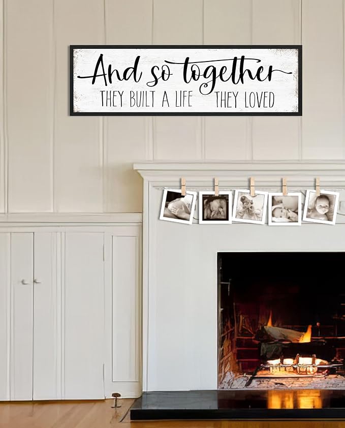 And So Together They Built a Life They Loved Sign: Modern Farmhouse Wall Decor Inspirational Quotes Family Bedroom Sign 12" x 40",Rustic Home Wall Art Plaque Framed Wall Hanging Signs
