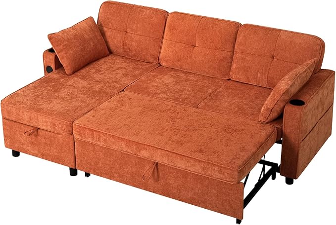 84 Inches Chenille Sectional Sofa w/Pull-Out Sofa Bed & Adjustable Back, Tufted L-Shaped Couch w/Storage Chaise, Sleeper Sectional Sofa w/USB Port & Cup Holders for Living Room, Orange-CasaMuseHome