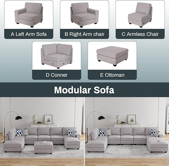 L Lengend Vansen Modular Sectional Sofa U Shaped Couch with Ottoman Modern Reversible Corner Sectional Couch for Living Room (Light Grey, U Shaped Sofa-4)-CasaMuseHome