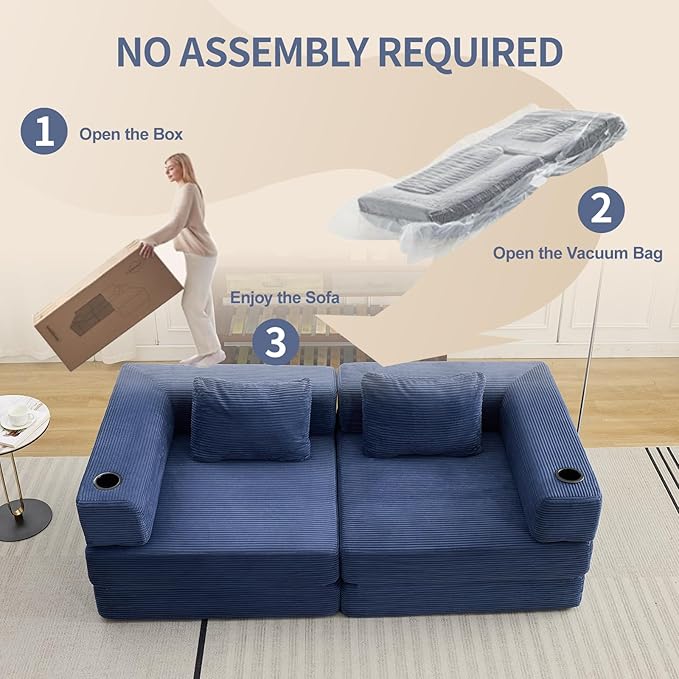 78" W Loveseat Sofa, 4 in 1 Convertible Floor Sofa Bed, Boneless Cloud Couch with Cup Holder, Fold Out Floor Couch, Loveseat Recliner Sleeper for Living Room Bedroom Lounge(Corduroy, White)-CasaMuseHome