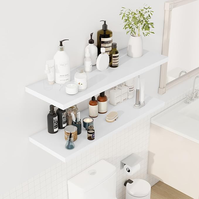 40" Floating Shelves for Wall, 12" Deep Slim White Floating Shelves, Wall-Mounted Shelves for Bedroom, Living Room, Kitchen, Bathroom - Set of 2-CasaMuseHome
