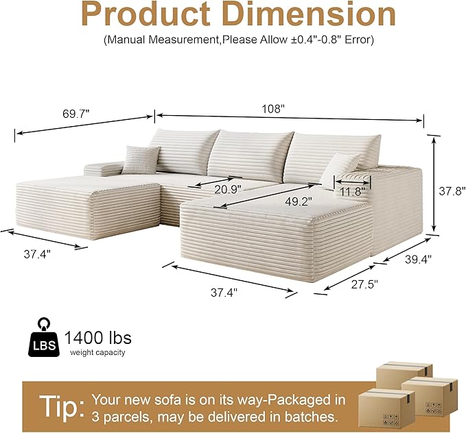 108" Sectional Couches for Living Room Modern Modular Sofa with L-Shape Couchs Upholstered Boneless Couch Deep Seat Sectional Couch with Chaise (White, Right Facing Chaise+2Seaters+1Ottoman)-CasaMuseHome