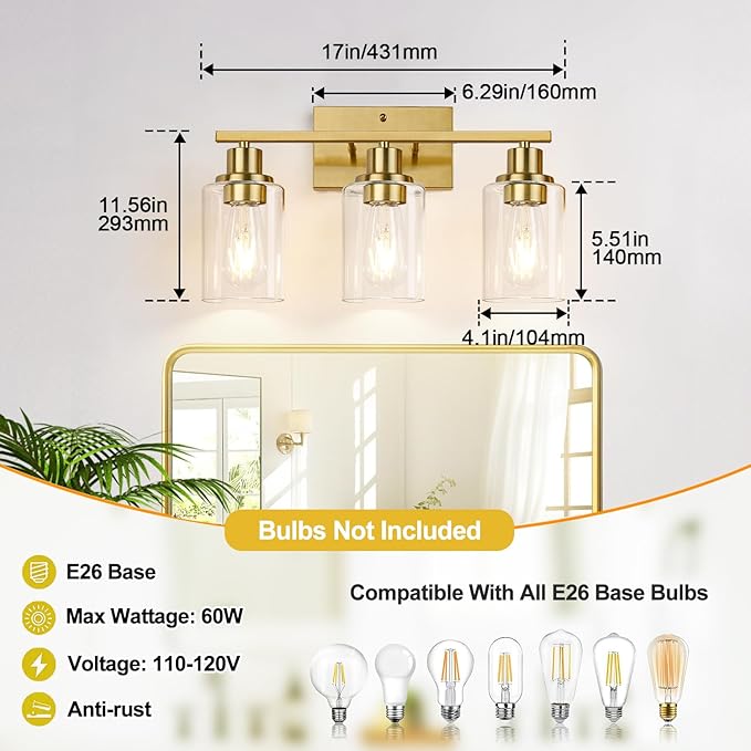 3-Light Vanity Lights with Clear Glass Shades, Brushed Gold Bathroom Light Fixtures Over Mirror, Modern Bathroom Wall Lamp for Mirror Living Room Cabinet Bedroom Porch-CasaMuseHome