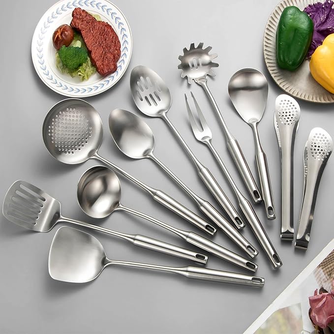 304 Stainlss Steel Kitchen Utensils Set, 11 Pcs Long Metal Cooking Utensil Gadgets Tools Set with Spatula, Ladle, Spoon, Ladle, Skimmer, Tunner, Pasta Server, Tongs(Silver, Dishwasher Safe)-CasaMuseHome