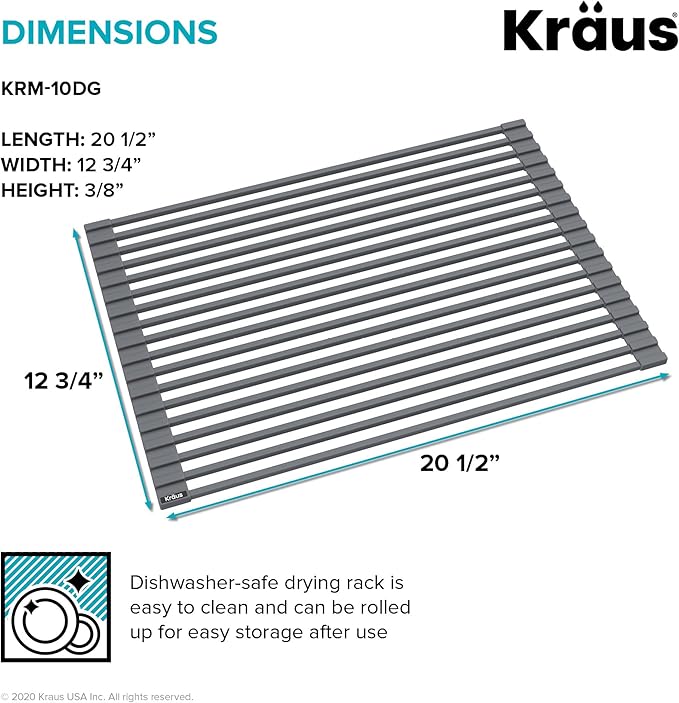 Kraus Roll Up Dish Drying Rack with Self-Draining Silicone Dish Drying Mat and Silicone Soap Dish Holder in Dark Grey, KDM-KRM-10DG